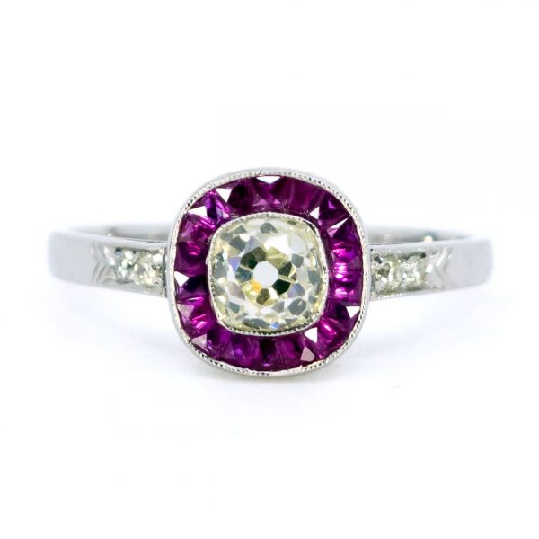Art Deco Style Diamond and Ruby Target Cluster Platinum Ring