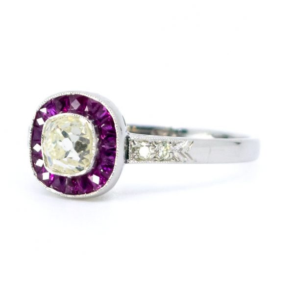 Art Deco Style Diamond and Ruby Target Cluster Platinum Ring