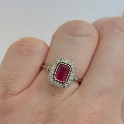 Art Deco Style Ruby and Diamond Cluster Ring, 1.20ct