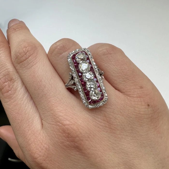 Art Deco Ruby and Diamond Five Stone Cluster Plaque Ring