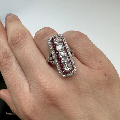 Art Deco Ruby and Diamond Five Stone Cluster Plaque Ring