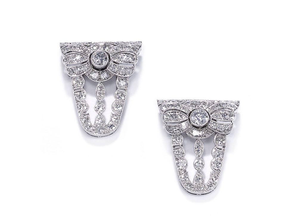 Antique Art Deco Diamond Platinum Double Clip Brooch