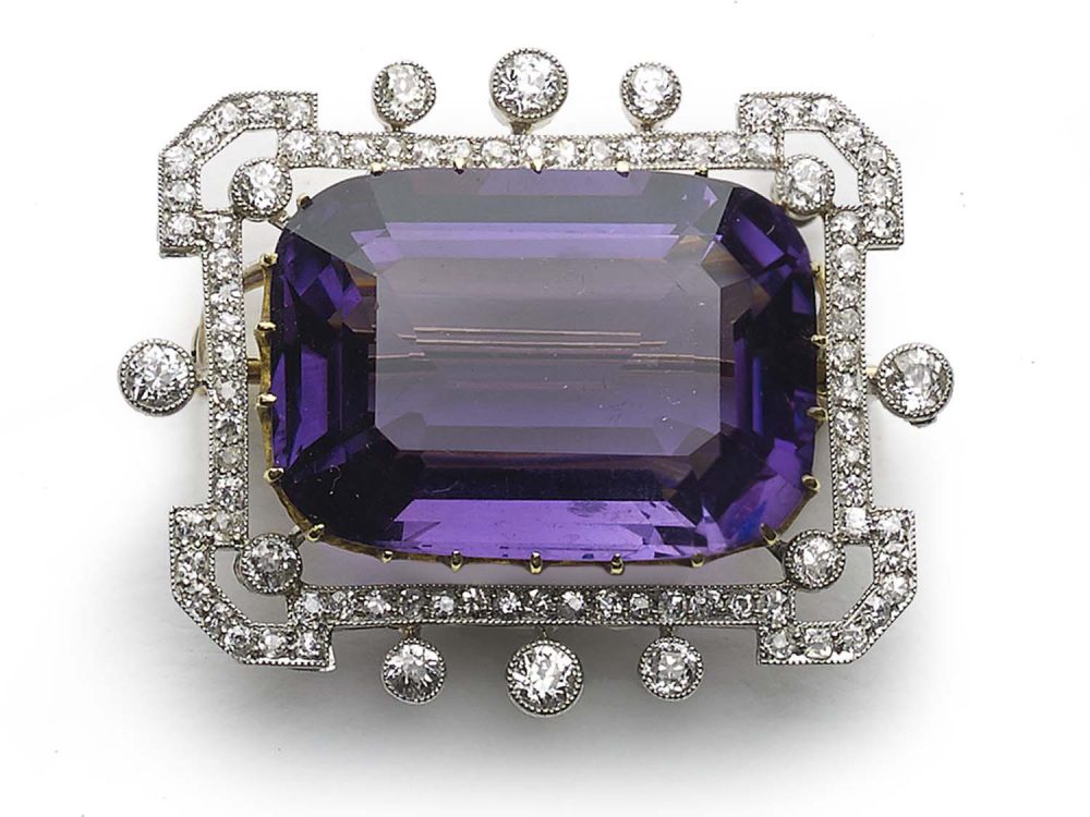 Edwardian Amethyst Diamond Gold Platinum Brooch