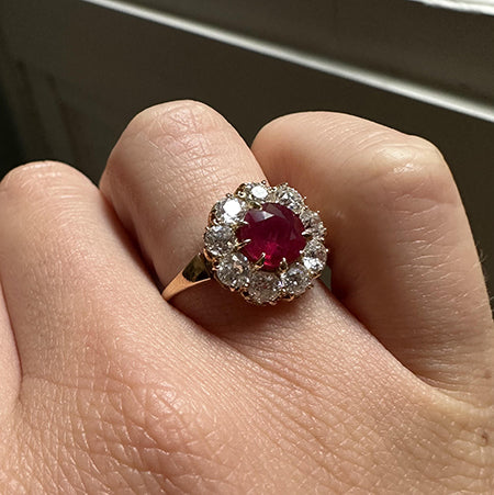 Victorian Style Burmese Ruby and Diamond Cluster Engagement Ring