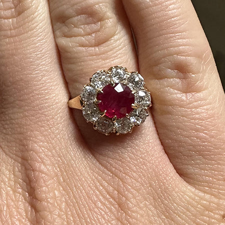 Victorian Style Burma Ruby and Diamond Cluster Engagement Ring