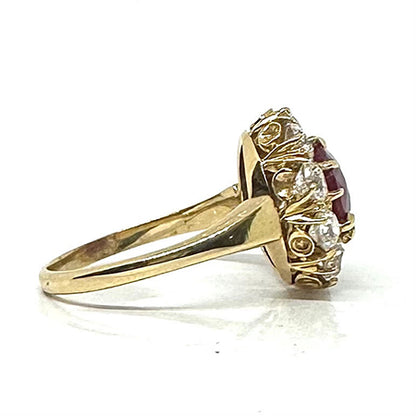 Victorian Style Burmese Ruby and Diamond Cluster Engagement Ring