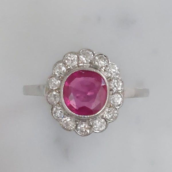 Burmese Ruby and Diamond Daisy Cluster Ring