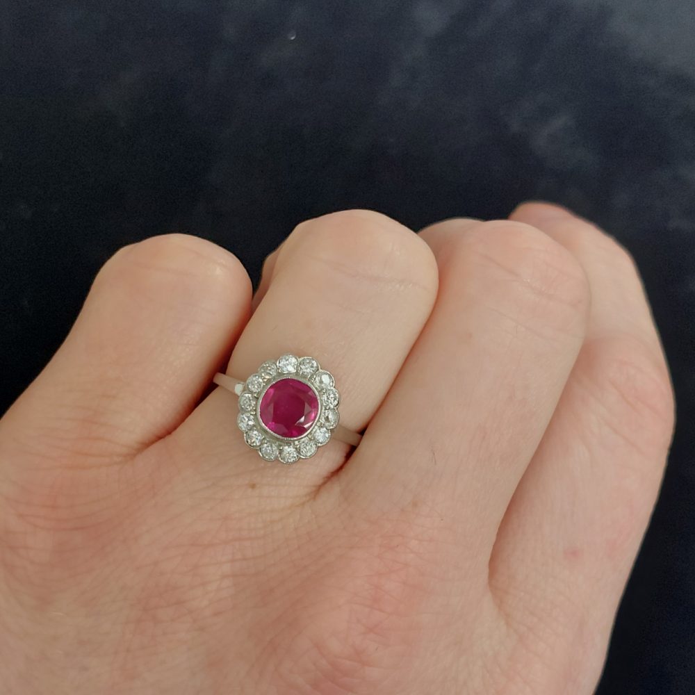 Burmese Ruby and Diamond Daisy Cluster Ring