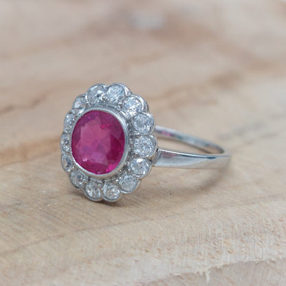 Burmese Ruby and Diamond Daisy Cluster Ring