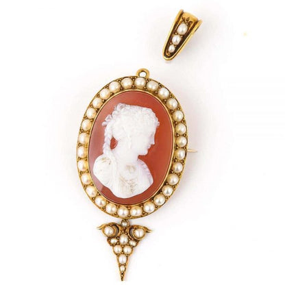 Antique Victorian Shell Cameo and Pearl Gold Pendant Brooch, circa 1890