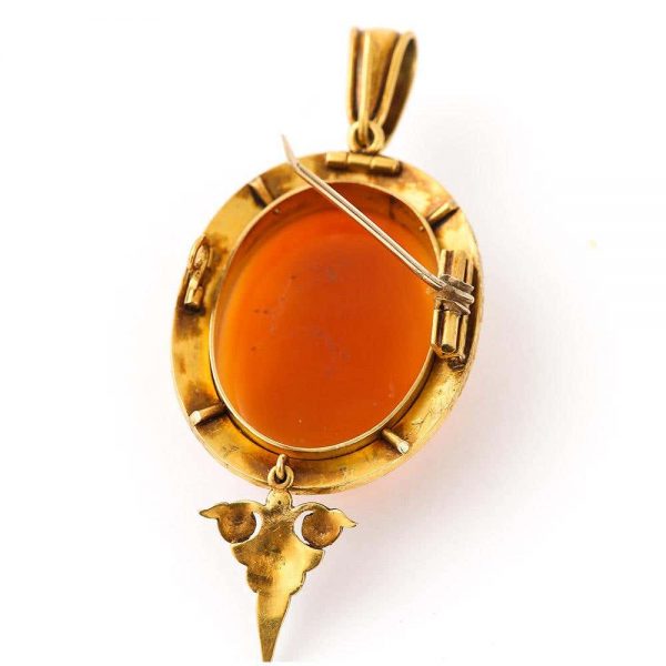 Antique Victorian Shell Cameo and Pearl Gold Pendant Brooch, circa 1890