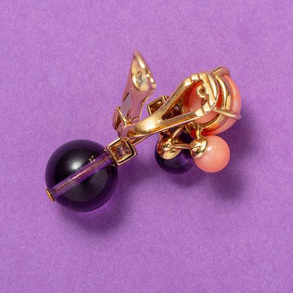 Unique Cartier Clip Earrings with Cabochon Coral and Amethyst Beads with Diamonds in 18ct gold. Signed and numbered Cartier, model Delice de Goa
