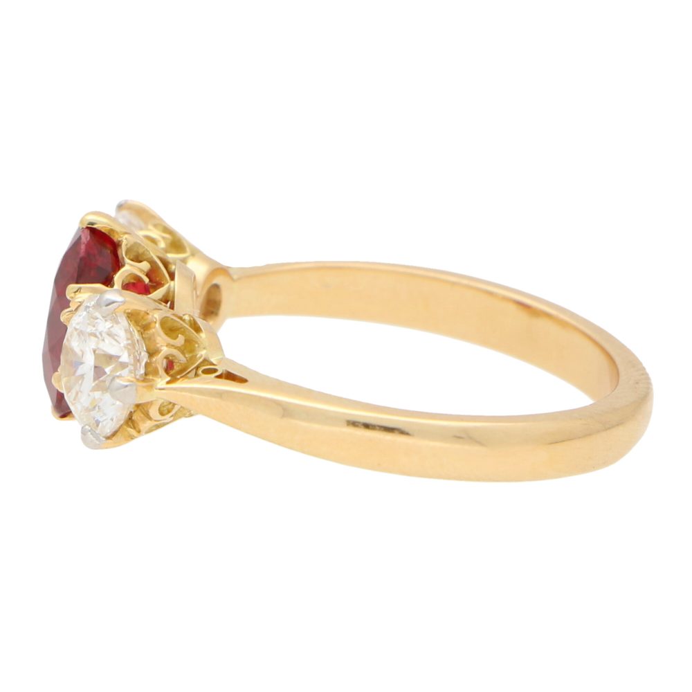 Ruby and Diamond Three-Stone Ring in Yellow Gold