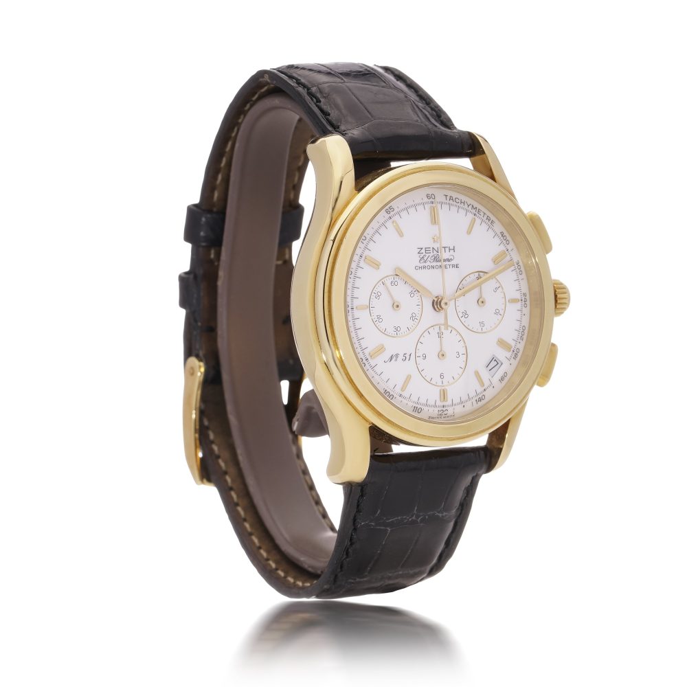 Vintage Zenith El Primero limited edition gold wristwatch with automatic calendar and black crocodile leather strap.