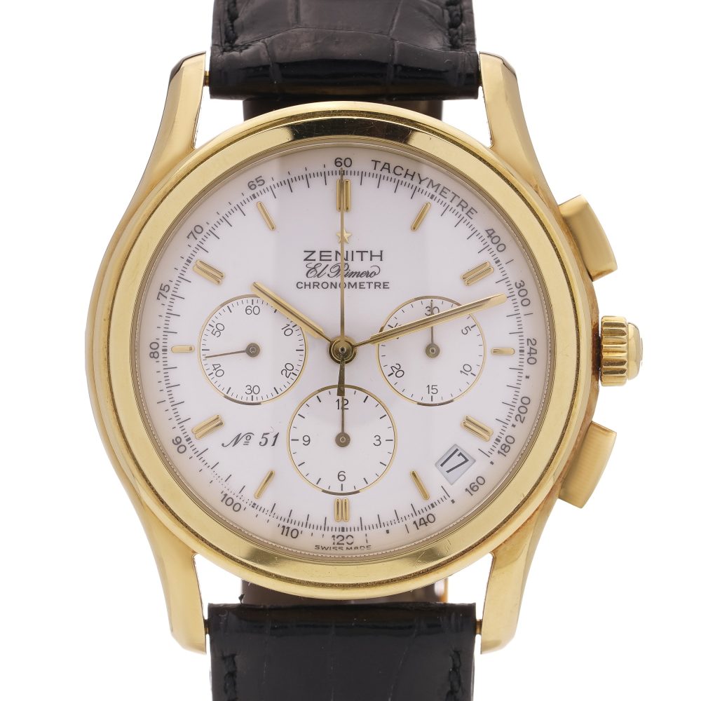 Vintage Zenith El Primero limited edition gold wristwatch with automatic calendar and black crocodile leather strap.