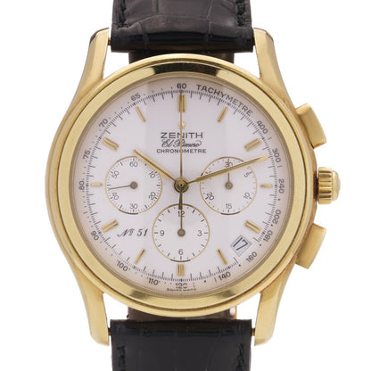 Vintage Zenith El Primero limited edition gold wristwatch with automatic calendar and black crocodile leather strap.
