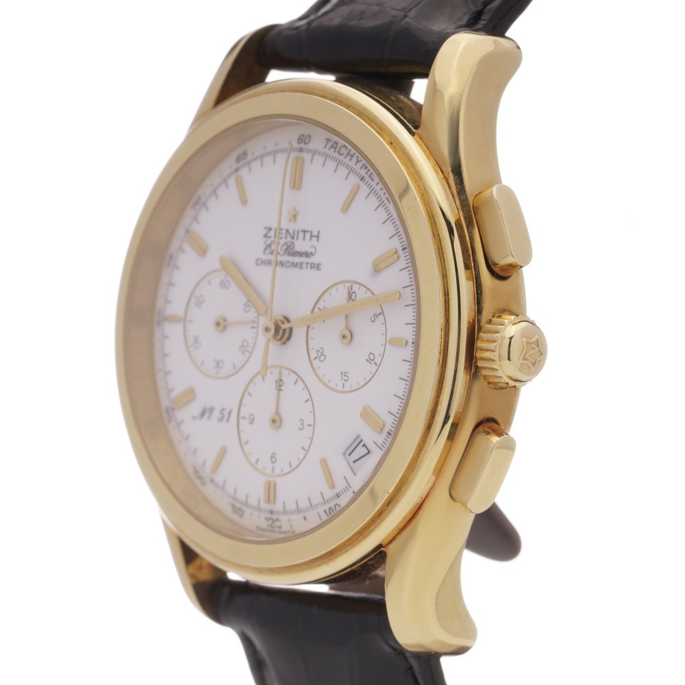 Vintage Zenith El Primero limited edition gold wristwatch with automatic calendar and black crocodile leather strap.