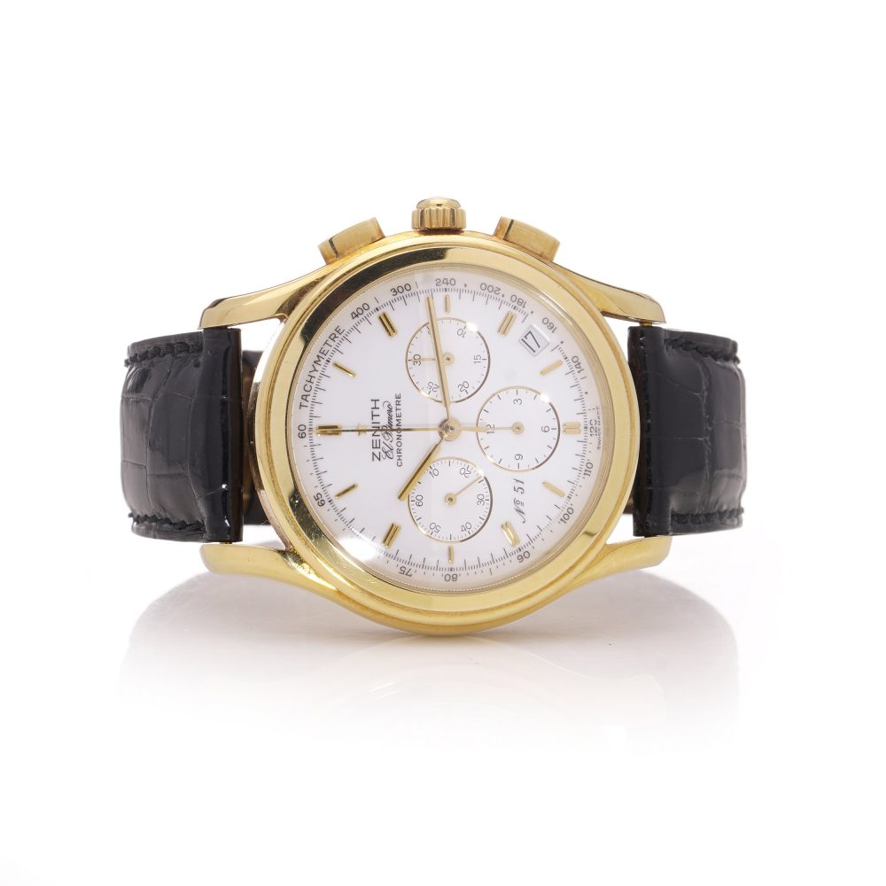 Vintage Zenith El Primero limited edition gold wristwatch with automatic calendar and black crocodile leather strap.