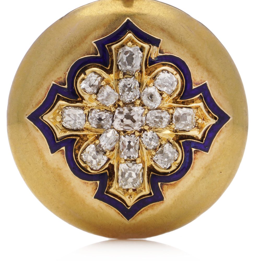 Victorian Antique Gold Locket Pendant with Blue Enamel and Old Mine Cut Diamonds