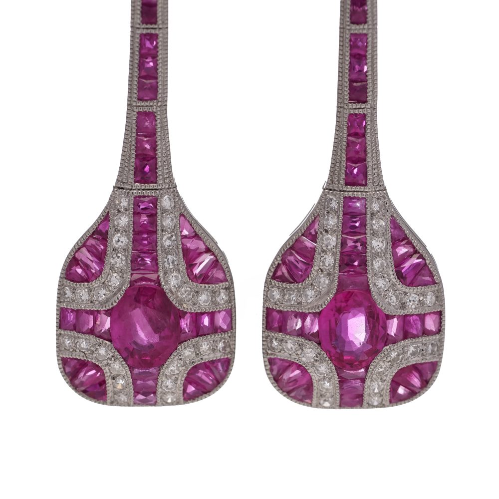 Art Deco Inspired 1.61ct Ruby and 1.50ct Diamond Drop Earrings in Platinum