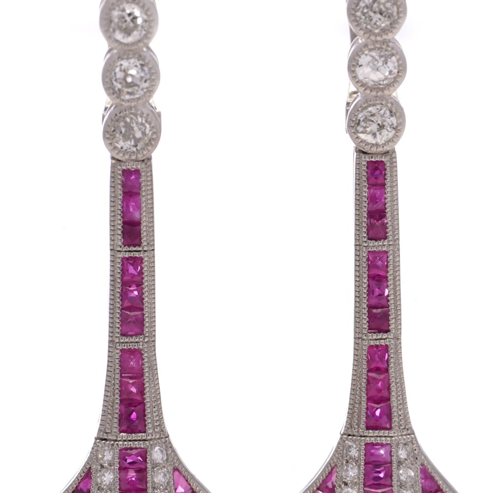 Art Deco Inspired 1.61ct Ruby and 1.50ct Diamond Drop Earrings in Platinum