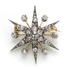 Antique diamond star brooch old cut diamond silver and gold