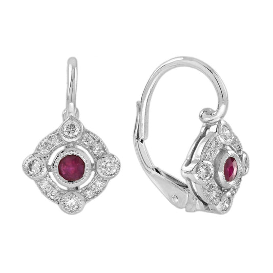 Ruby and Diamond Target Cluster Drop Earrings