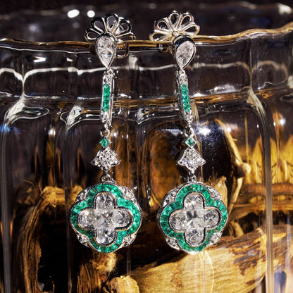 Diamond and Emerald Quatrefoil Cluster Drop Earrings