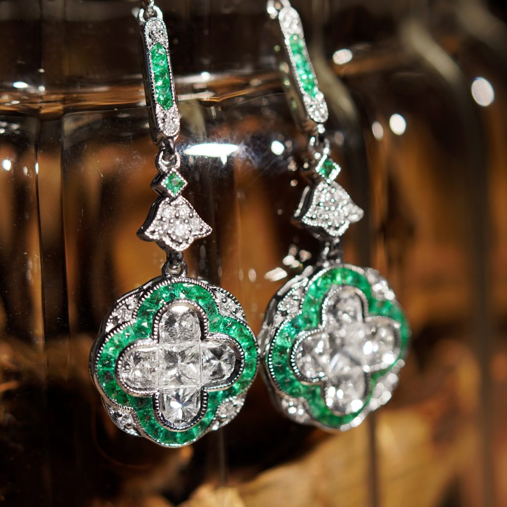 Diamond and Emerald Quatrefoil Cluster Drop Earrings