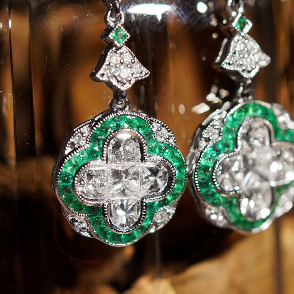 Diamond and Emerald Quatrefoil Cluster Drop Earrings