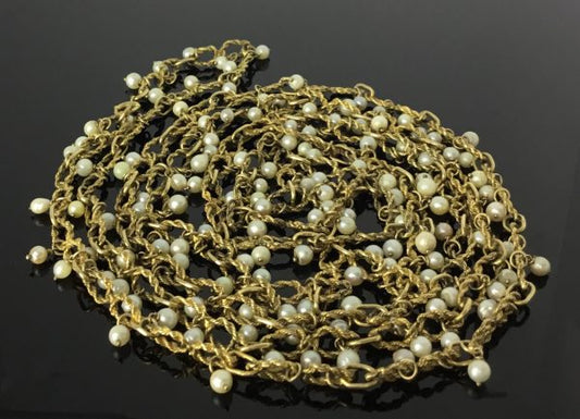 Vintage Heavy Set Gold and Pearl Long Guard Chain Necklace