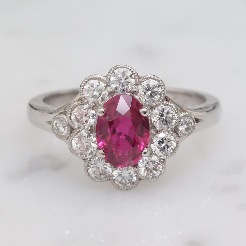 Edwardian Style Oval 1ct Ruby and Diamond Cluster Ring