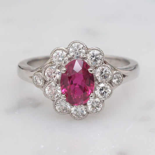 Edwardian Style Oval 1ct Ruby and Diamond Cluster Ring