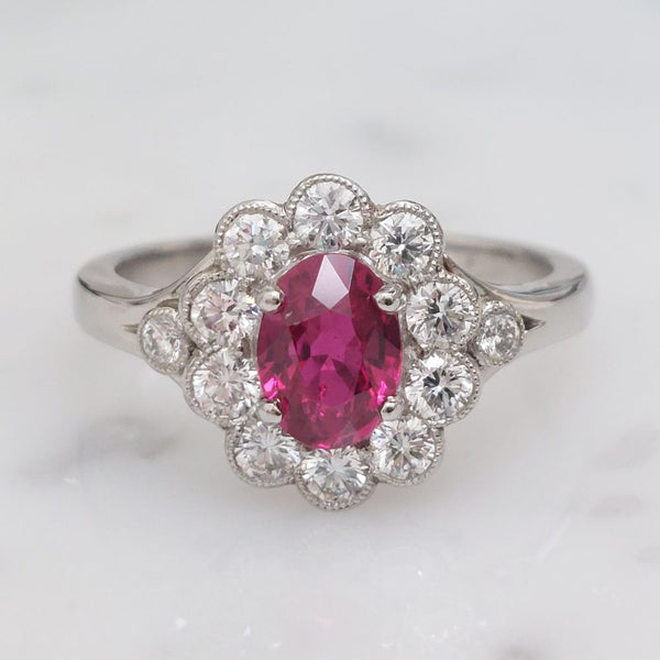 Edwardian Style Oval 1ct Ruby and Diamond Cluster Ring