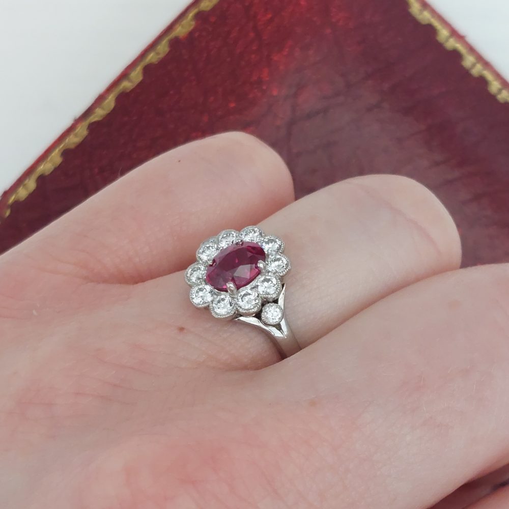 Edwardian Style Oval 1ct Ruby and Diamond Cluster Ring