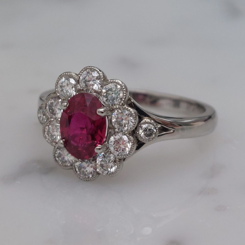 Ruby and Diamond Cluster Oval Engagement Ring, 1 carat