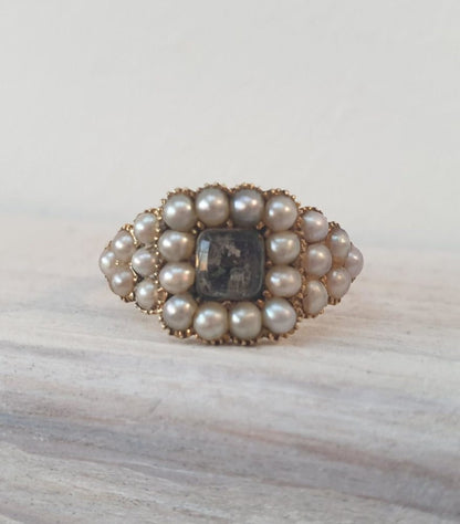 Georgian Antique Pearl Locket Mourning 18ct Gold Ring