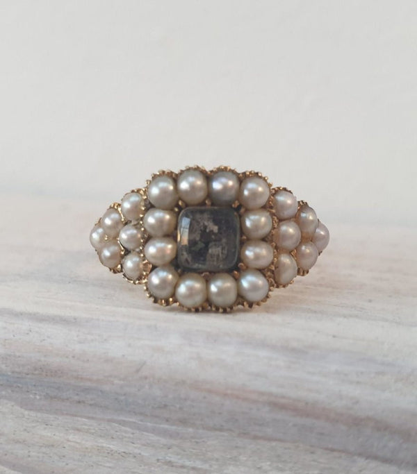 Georgian Antique Pearl Locket Mourning 18ct Gold Ring