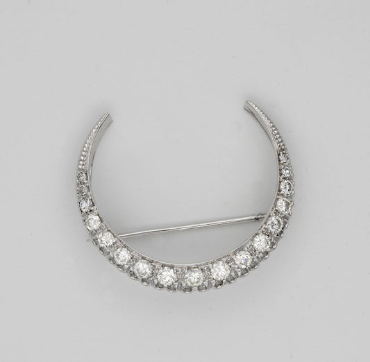 Vintage 1.60ct Brilliant Cut Diamond Crescent Moon Brooch/Pendant