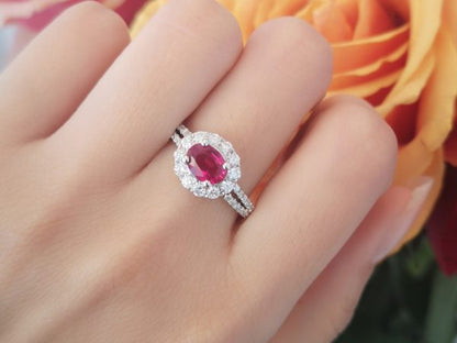 Oval Shape Ruby and Diamond Engagement Cluster Ring, 1.18 carats halo 18ct