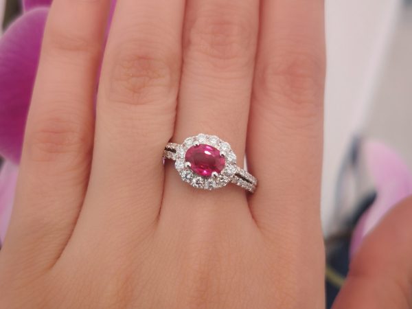 Oval Shape Ruby and Diamond Engagement Cluster Ring, 1.18 carats halo 18ct