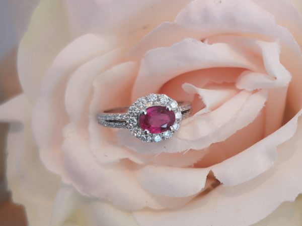Oval Shape Ruby and Diamond Engagement Cluster Ring, 1.18 carats halo 18ct