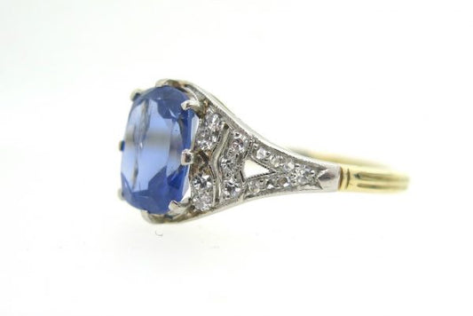 Vintage Sapphire Engagement Ring, Diamond Shoulders, Sri Lanka