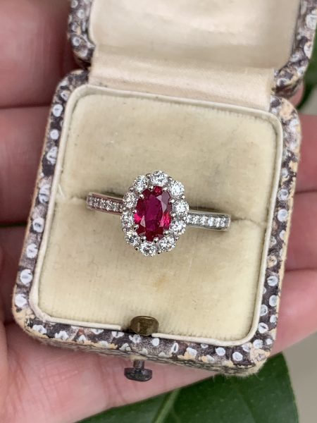Ruby and Diamond Cluster Engagement Ring, 1 carat, No heat