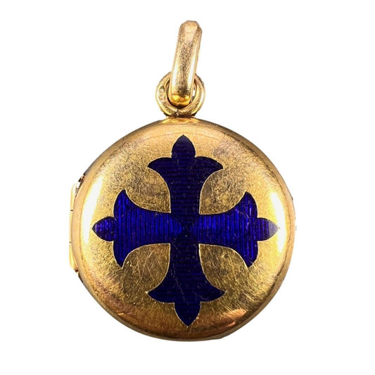 Vintage French Blue Enamel and Gold Cross Locket Pendant, designed as a reliquary for the True Cross text 'Vraie Croix'