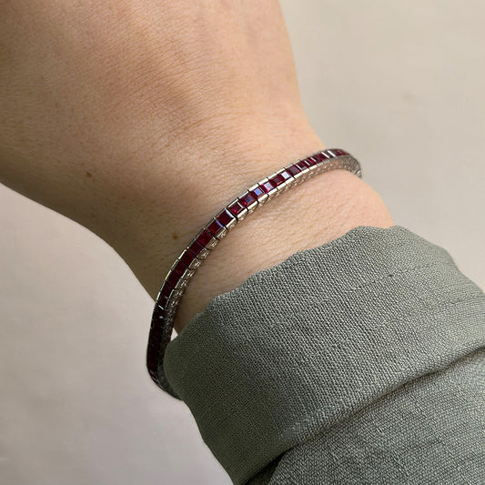 Late Art Deco Square Cut Ruby And Platinum Line Bracelet, 5.04 carats