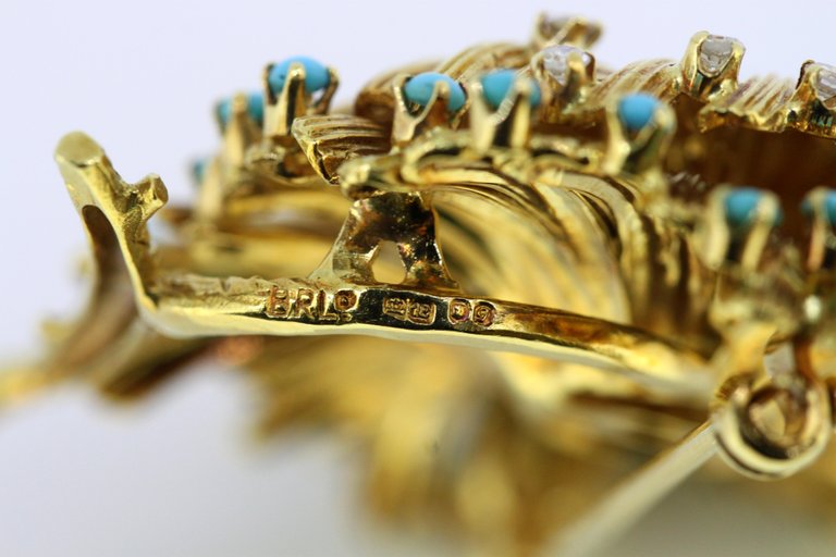 Vintage Turquoise and Diamond Gold Brooch