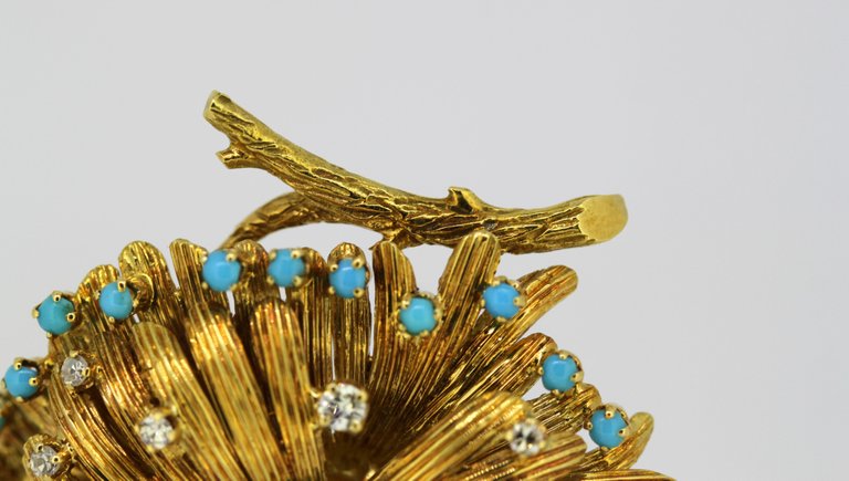 Vintage Turquoise and Diamond Gold Brooch