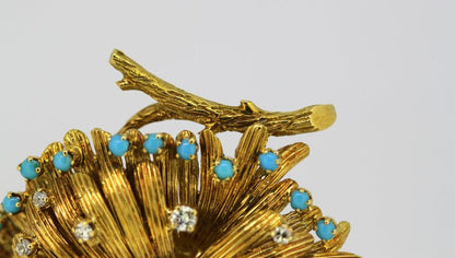 Vintage Turquoise and Diamond Gold Brooch