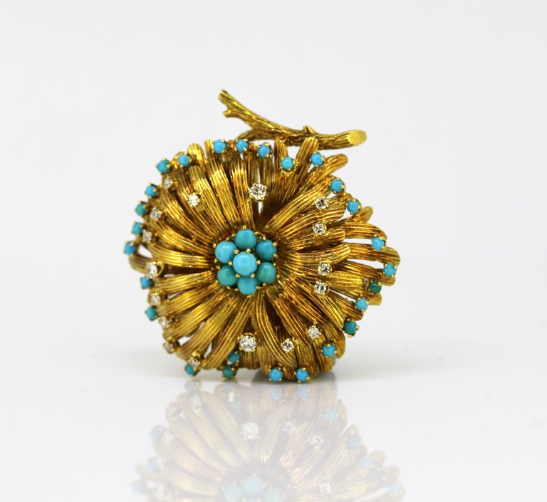 Vintage Turquoise and Diamond Gold Brooch